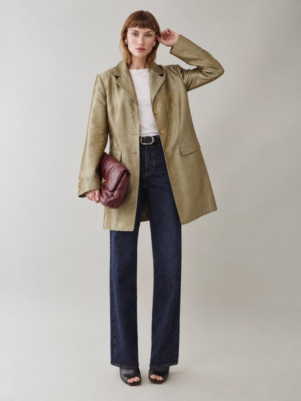Whistles London 100% Silk Blazer Coat - Olive - Small